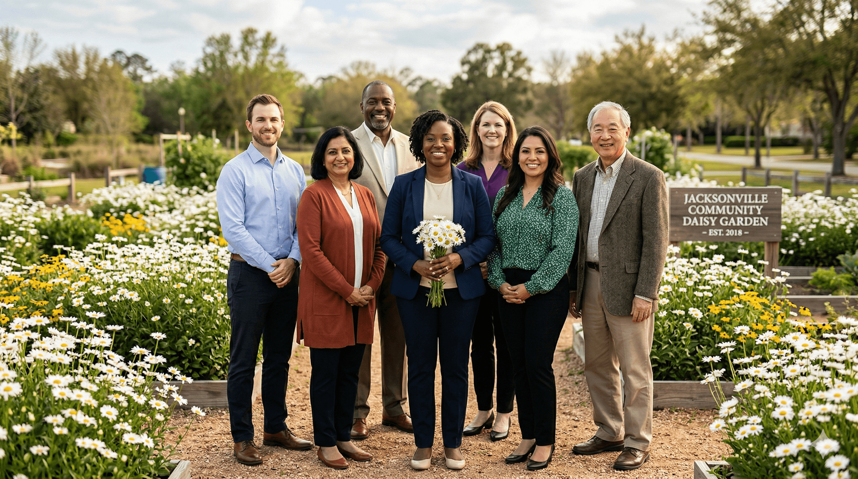 Board members standing together outdoors in front of a community garden with blooming daisy flowers