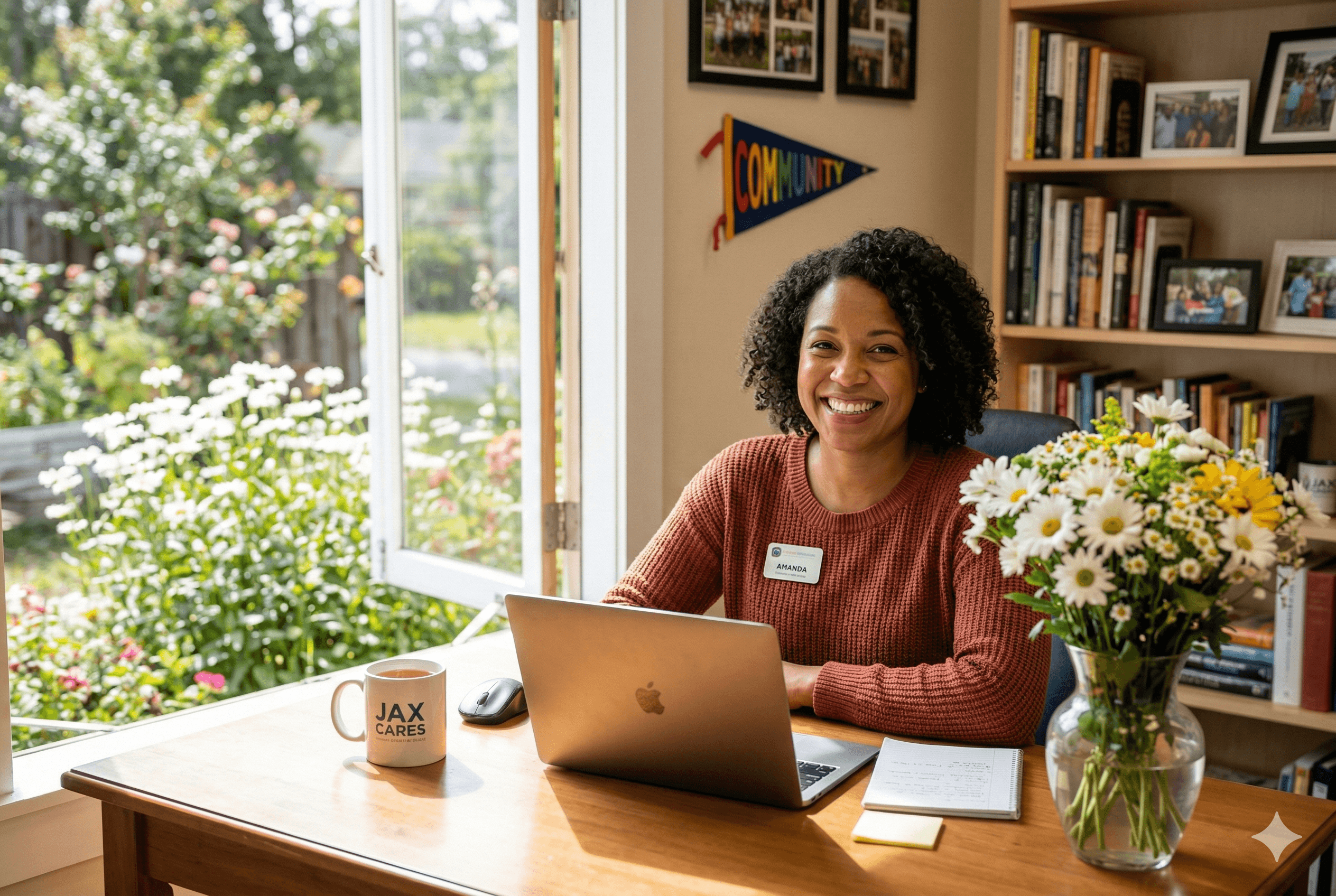 Friendly staff member at a bright nonprofit office desk with a vase of fresh daisies, ready to help