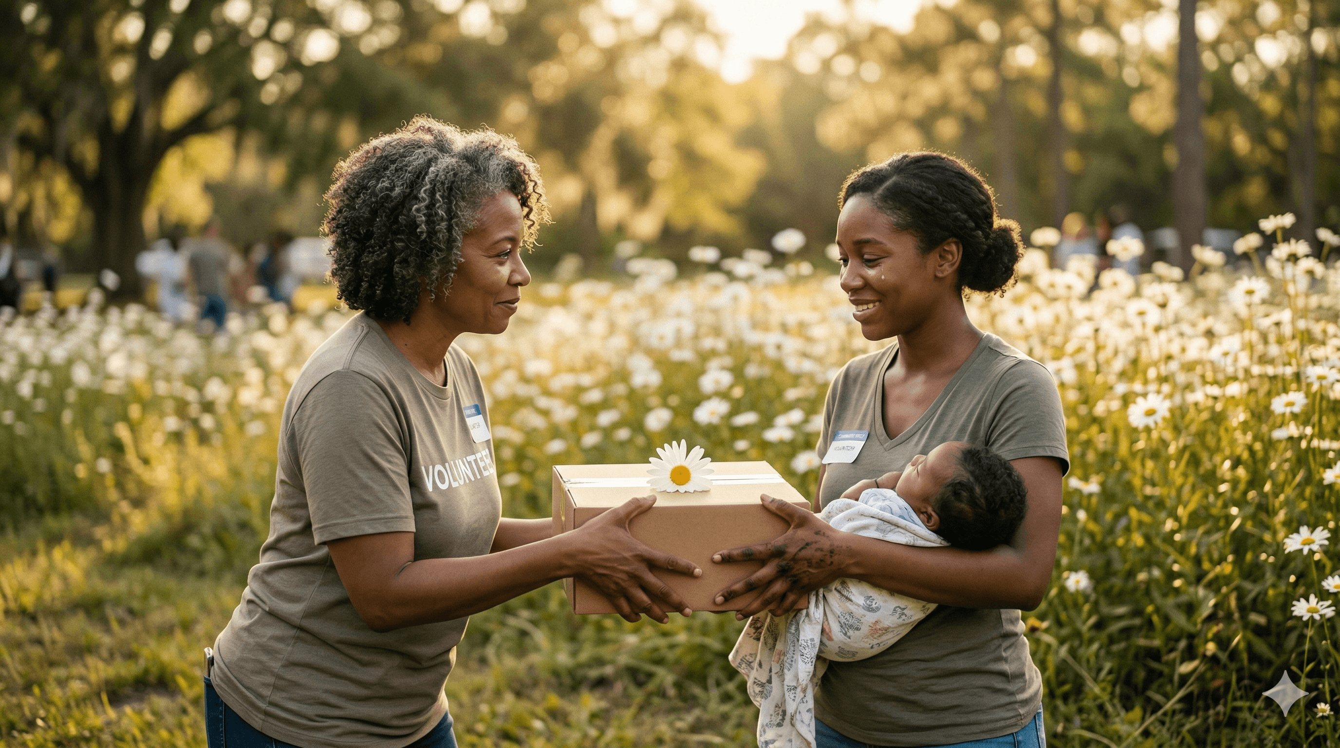 Volunteer placing a care package into the hands of a grateful young mother at an outdoor community event