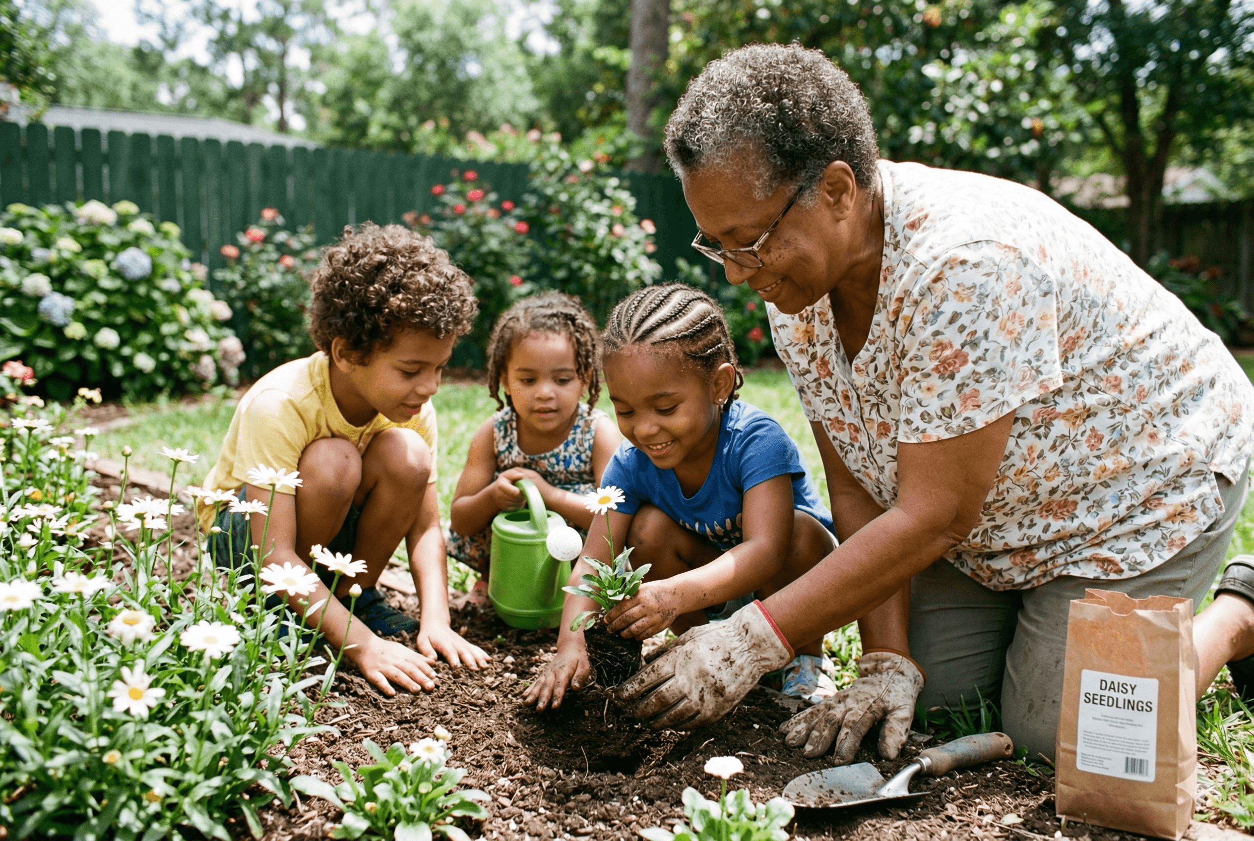 Grandmother kneeling in a garden with grandchildren, teaching them how to plant daisy seedlings