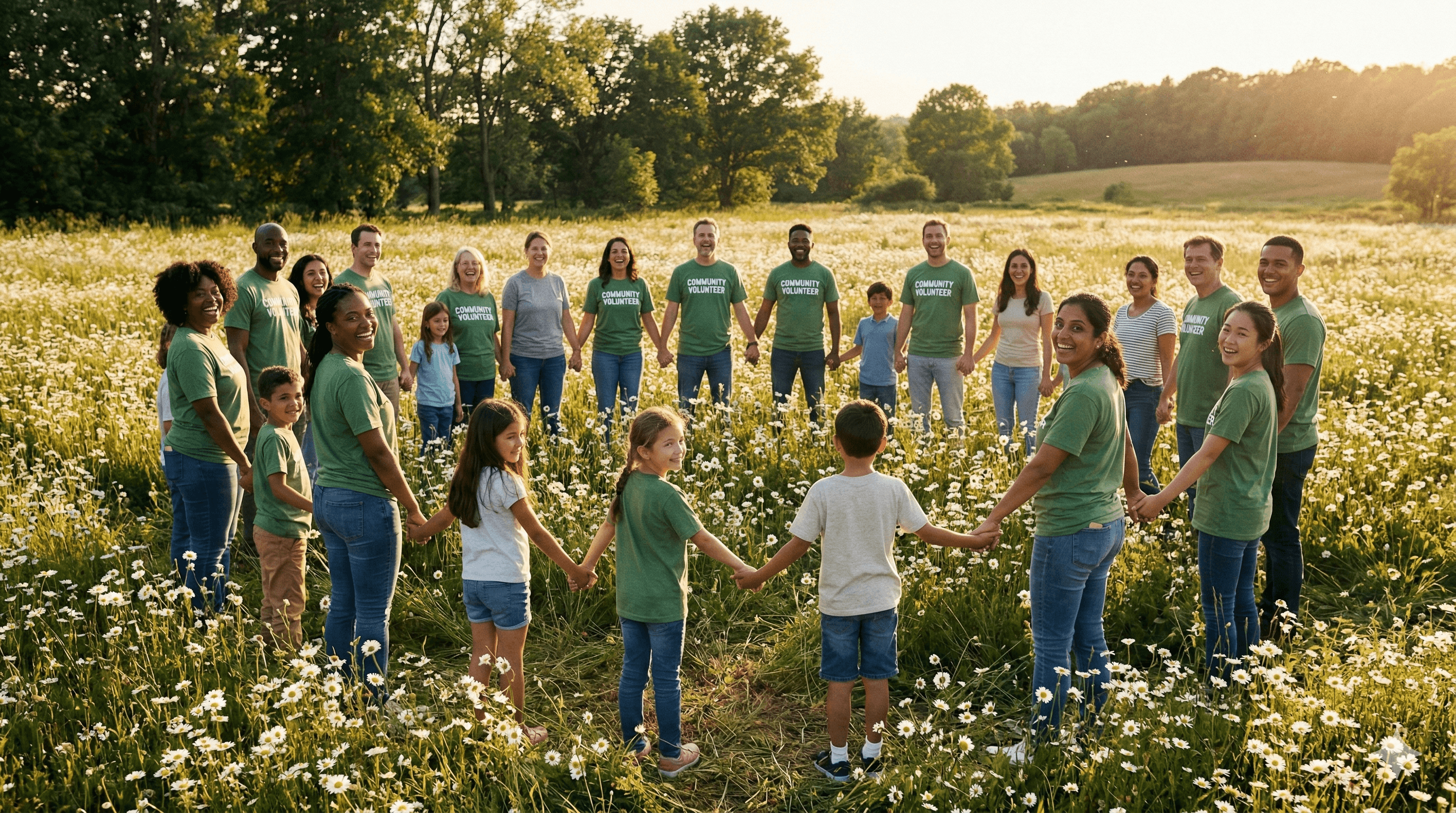 Diverse community members joining hands in a circle in a sunlit meadow filled with blooming daisy flowers